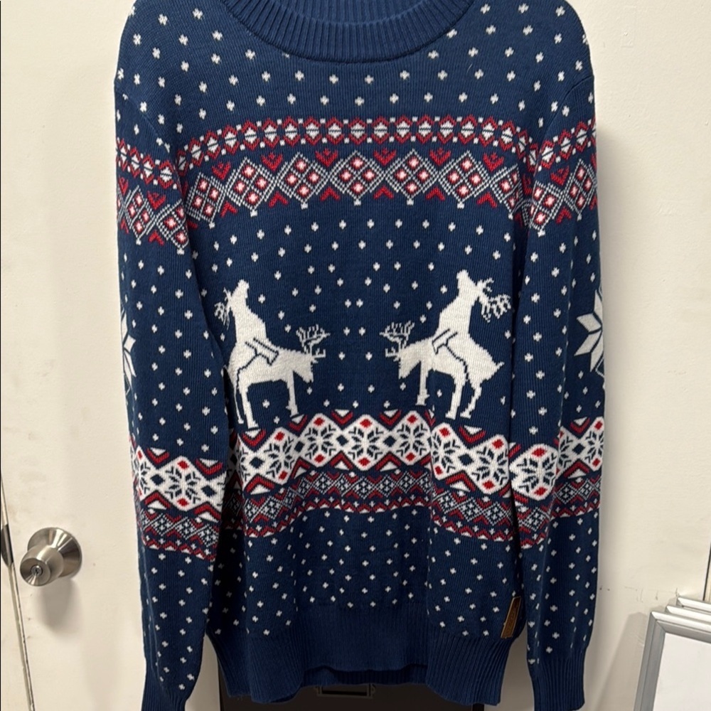 Tipsy Elves Ugly Christmas Sweater Naughty Reindeer Blue Red White Men's Size XL